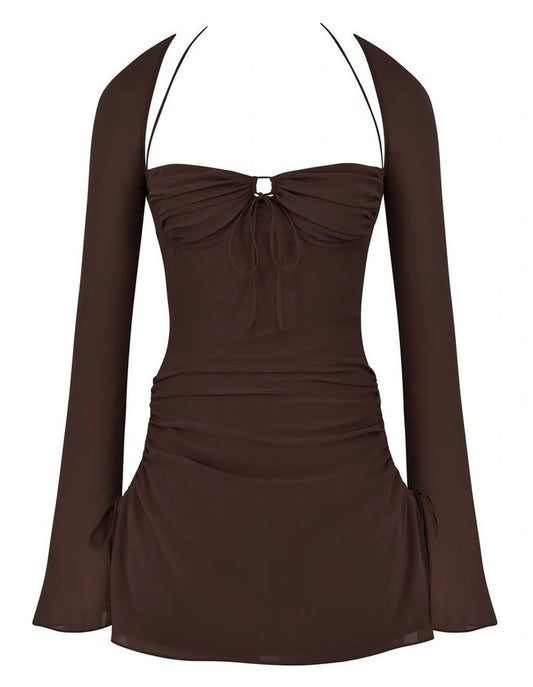 Baby Chocolate Chiffon Cutout Halter Mini Dress