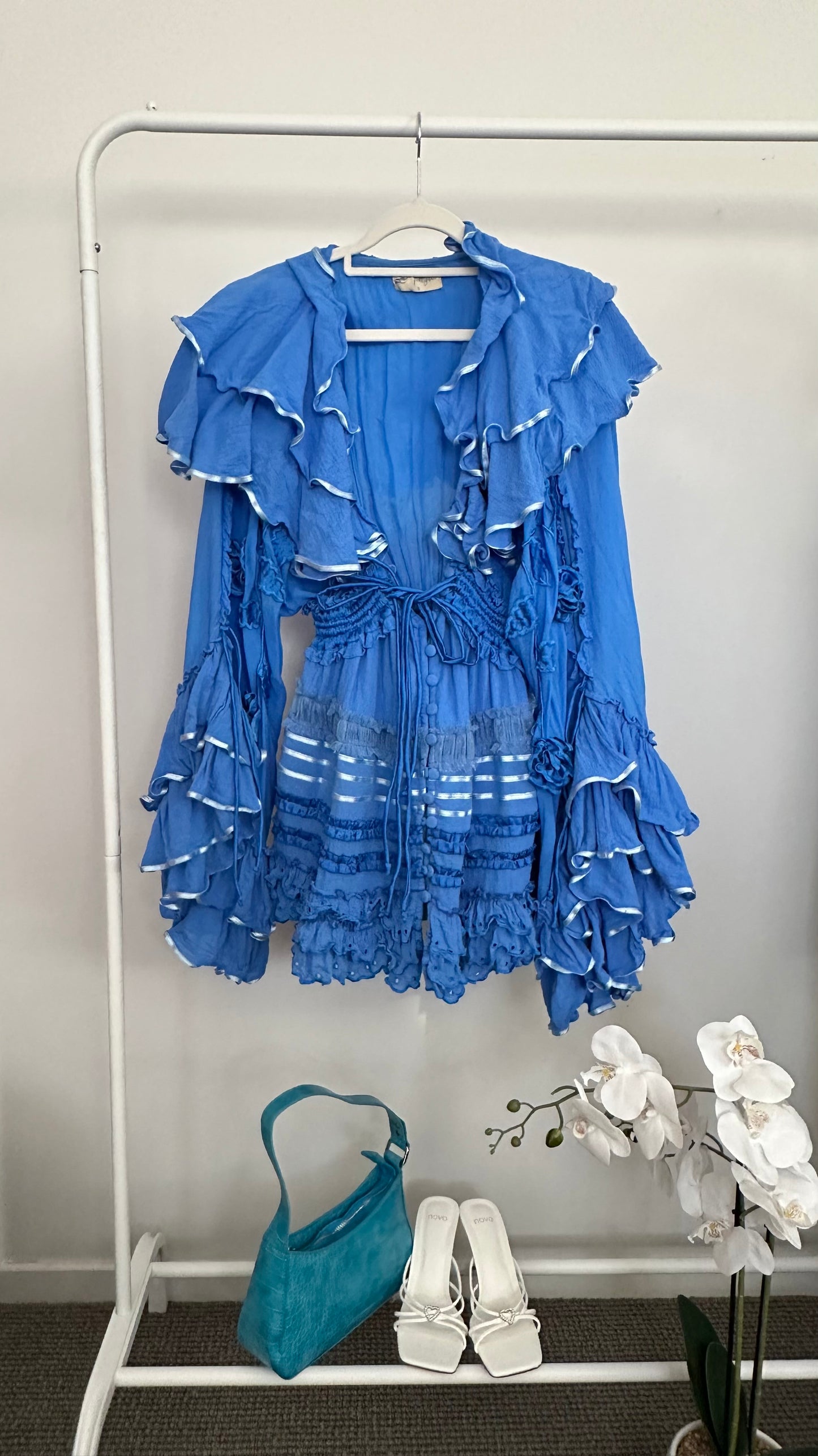 Filly Boo Lotus - Mini Dress in Vista Blue Size S RRP $410