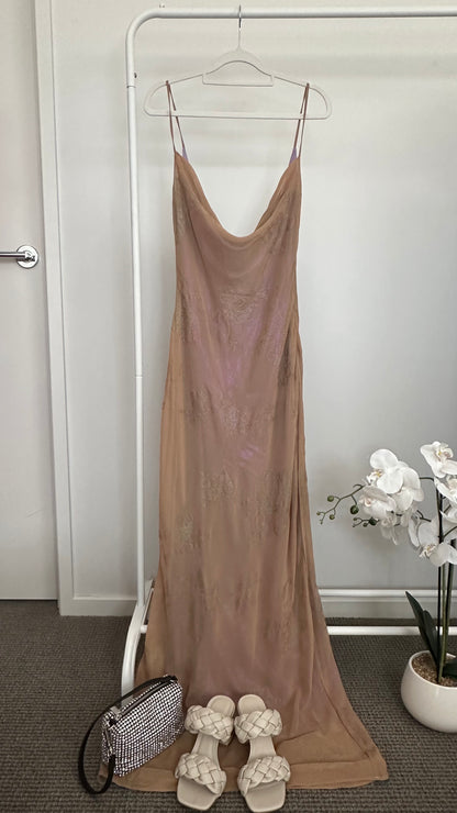 HOUSE OF CB Gabrielle Iridescent Cafe AU Lait Maxi Dress Size S RRP $322