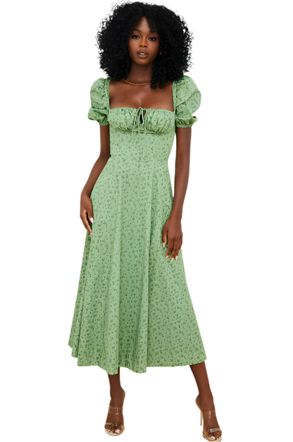 Tallulah Green Tonal Floral Puff Sleeve Midi Dress