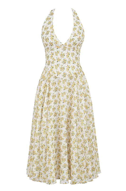 Solada Ivory Vintage Floral Print Georgette Halter Sundress