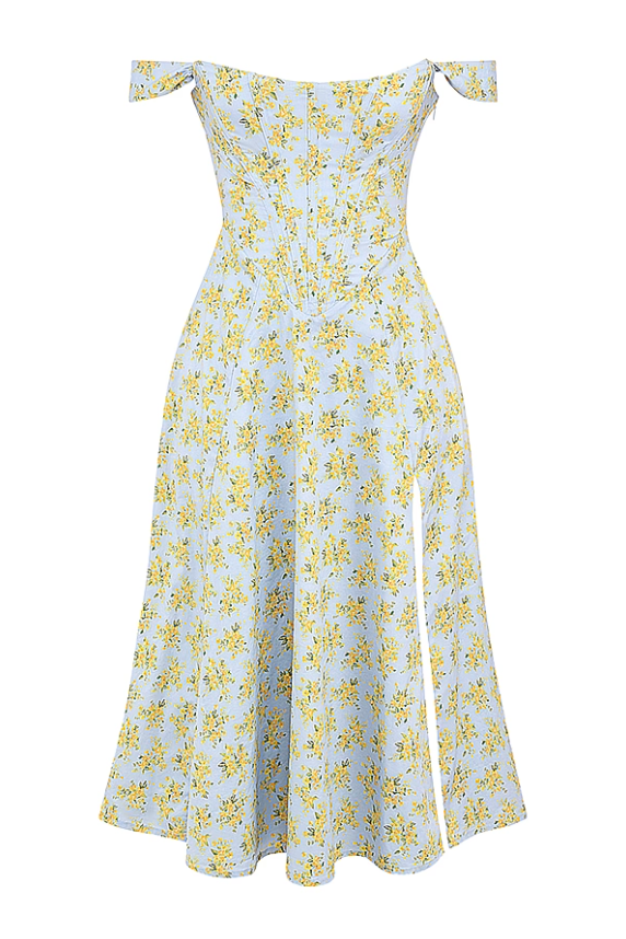 Saira Soft Blue Vintage Floral Print Cotton Midi Sundress