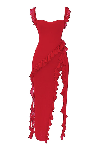 Ariela Cherry Ruffle Maxi Dress