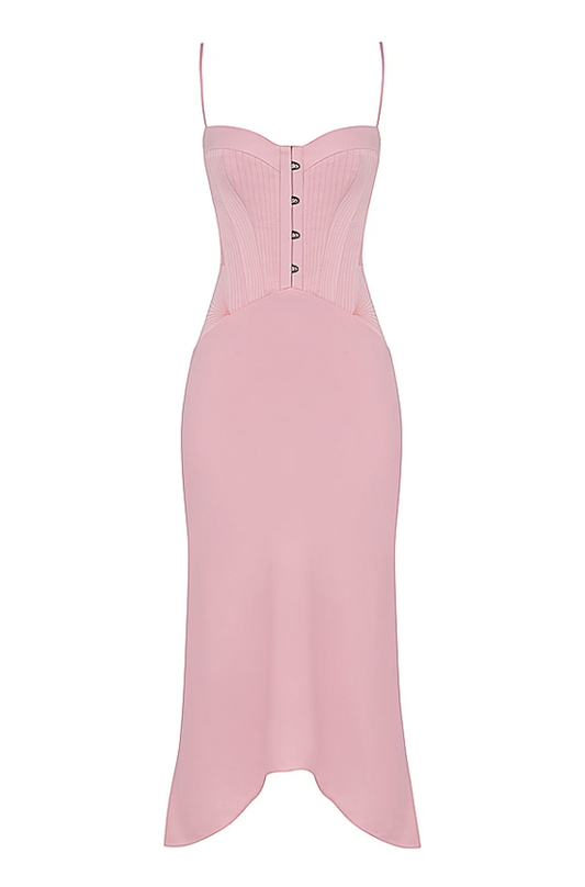 Imogen Rose Pink Satin Corset Midi Dress