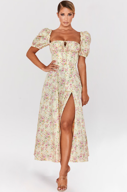 Tallulah Lemon Floral Puff Sleeve Midi Sundress