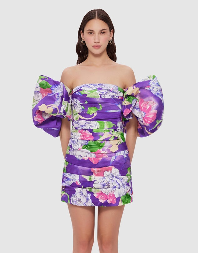 Brenda Puffy Sleeve Mini Dress Swallow Print in Serenity - Momentary Wardrobe