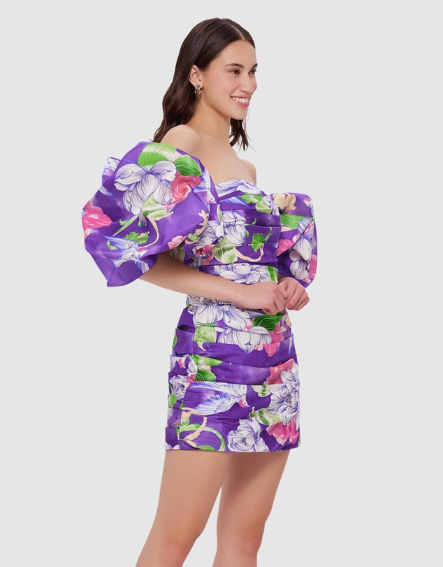 Brenda Puffy Sleeve Mini Dress Swallow Print in Serenity - Momentary Wardrobe